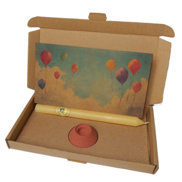 Kartonik Ciepła - świeca pszczela, świecznik i kartka Kolorowe balony