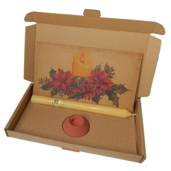 Kartonik Ciepła - świeca pszczela, świecznik i kartka Świeca i stroik