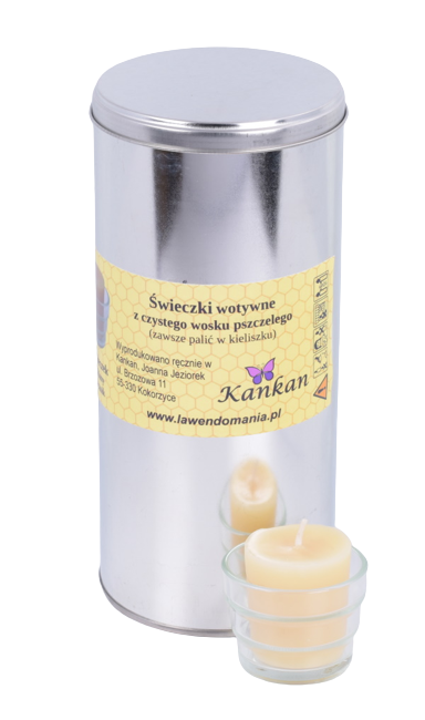Świece wotywne z wosku pszczelego w puszce - 15 szt. + świecznik