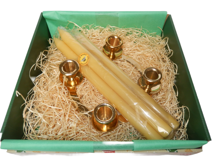 Zestaw Prezentowy Adwentowy z Mosiężnym Świecznikiem i Świecami z Wosku Pszczelego