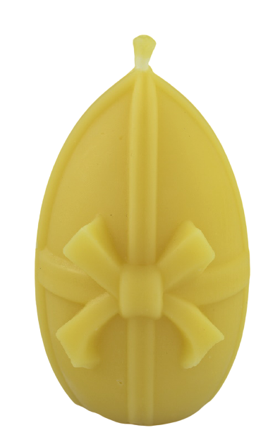 Świeca z wosku pszczelego w kształcie dużego jaja z kokardą